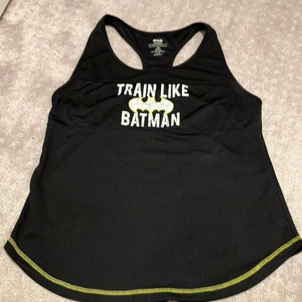 Dc comics. Train like Batman Women's Black Tank Top. Yellow stitching